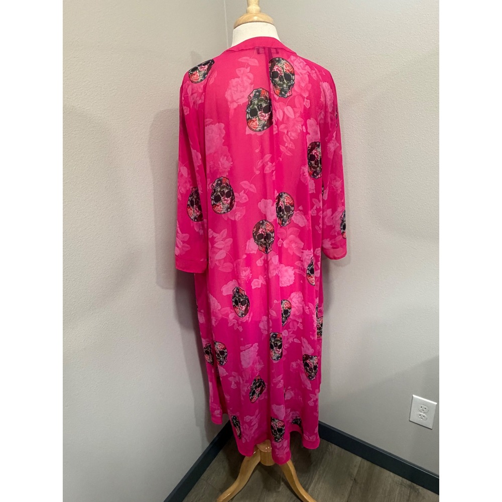 Torrid Pink Skull Floral Chiffon Kimono Cardigan Duster Layering Jacket Size 0 - Picture 2 of 6
